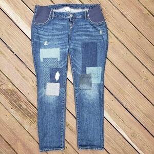 Old Navy Patchwork Denim Blue Jeans Boyfriend Maternity Medium M Quilt Patches